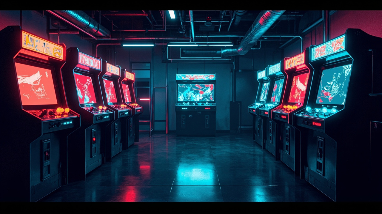 Illustration of a neon-lit retro arcade interior