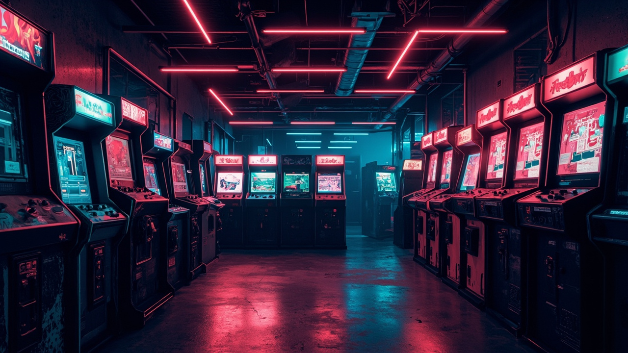 Illustration of a neon-lit retro arcade interior