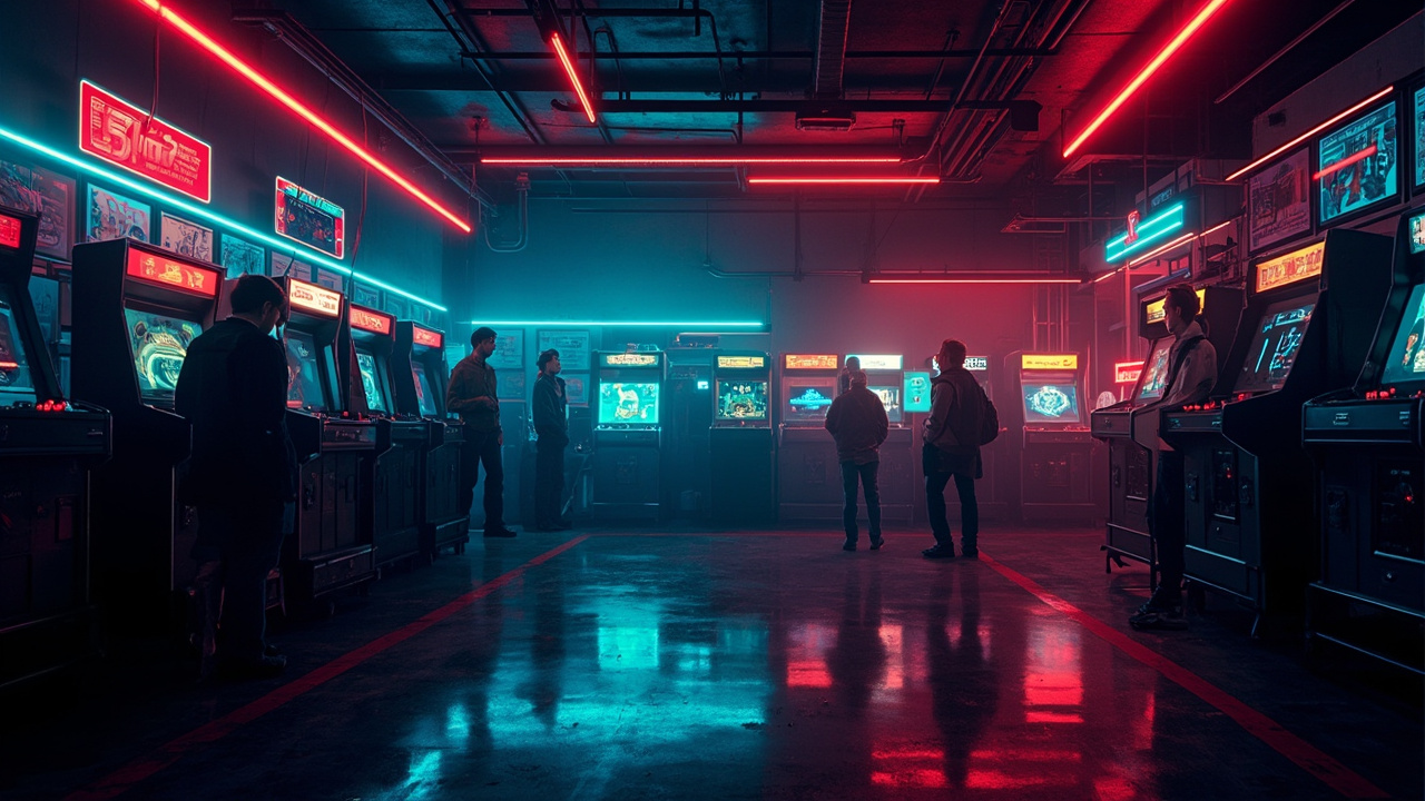 Illustration of a neon-lit retro arcade interior