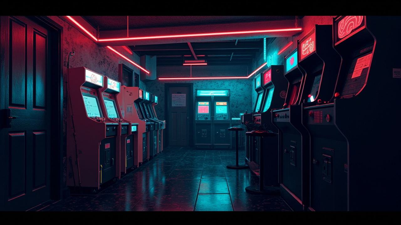 Illustration of a neon-lit retro arcade interior