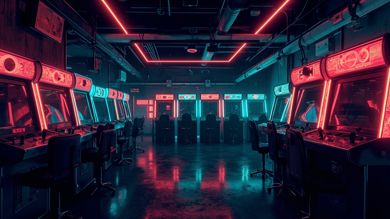 Illustration of a neon-lit retro arcade interior