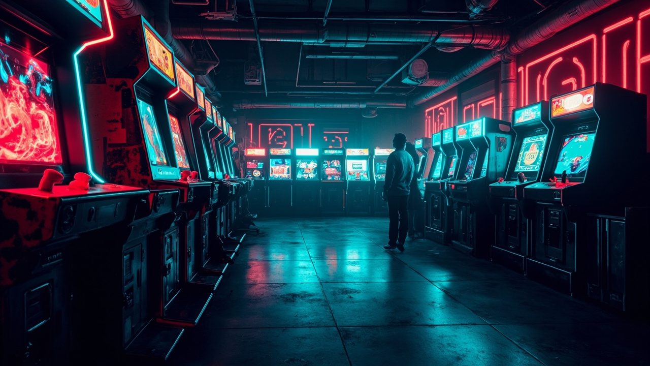Illustration of a neon-lit retro arcade interior