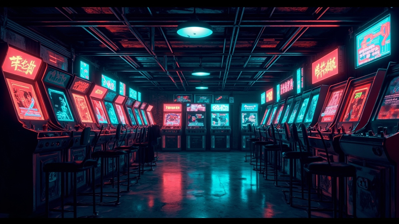 Illustration of a neon-lit retro arcade interior