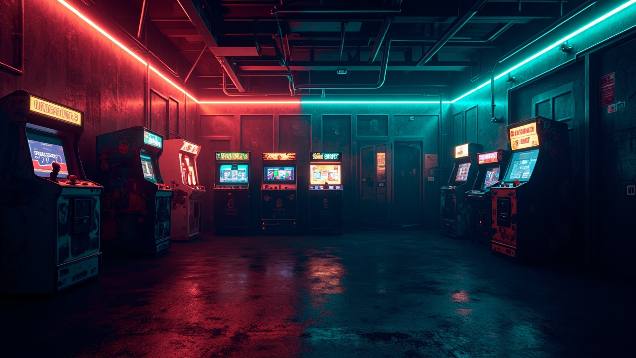 Illustration of a neon-lit retro arcade interior