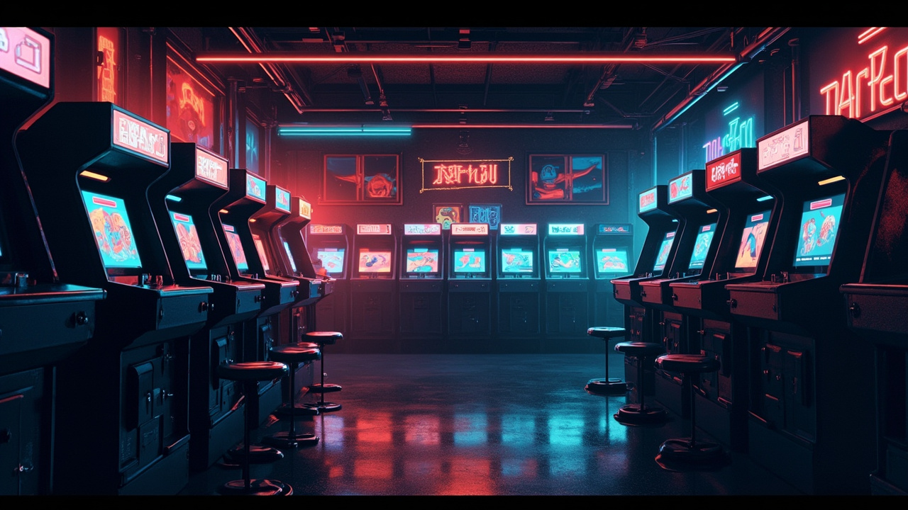 Illustration of a neon-lit retro arcade interior
