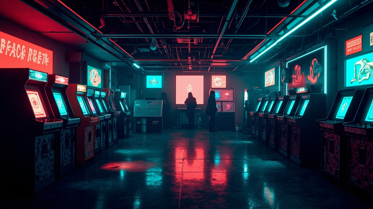 Illustration of a neon-lit retro arcade interior