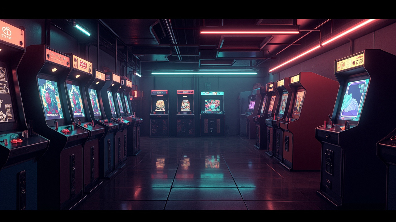 Illustration of a neon-lit retro arcade interior