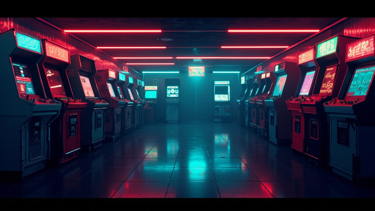Illustration of a neon-lit retro arcade interior