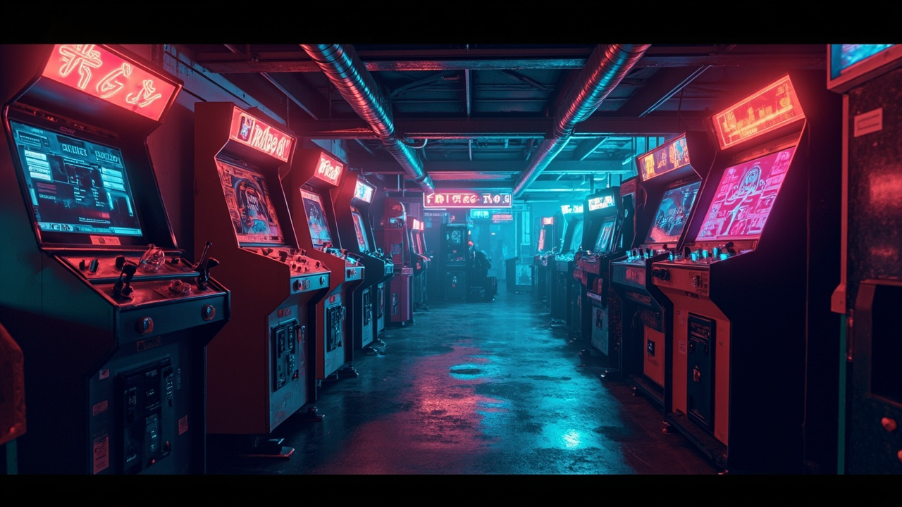 Illustration of a neon-lit retro arcade interior