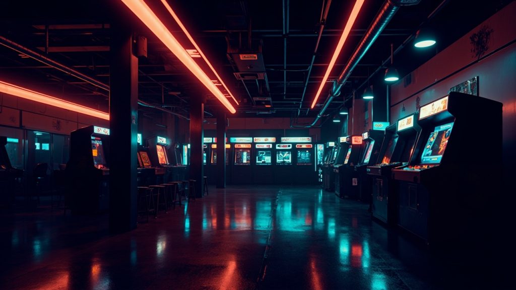 Illustration of a neon-lit retro arcade interior