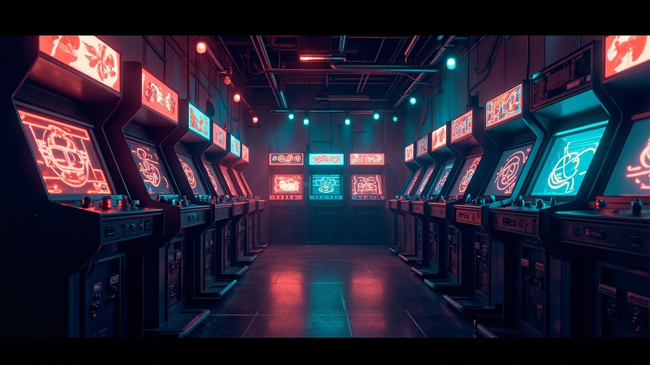 Illustration of a neon-lit retro arcade interior