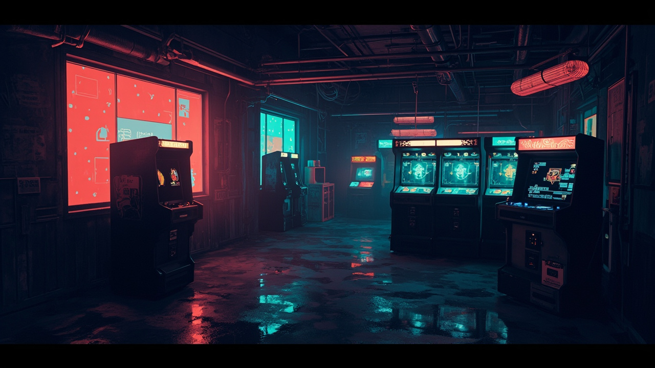 Illustration of a neon-lit retro arcade interior