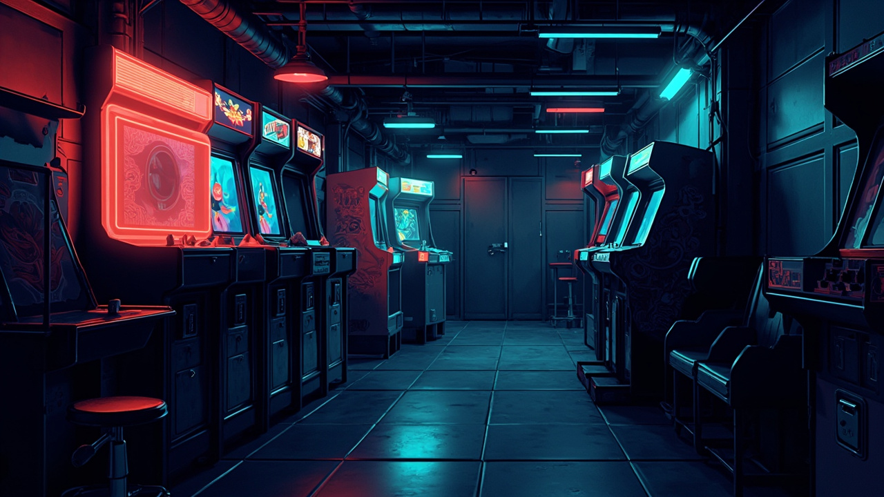 Illustration of a neon-lit retro arcade interior