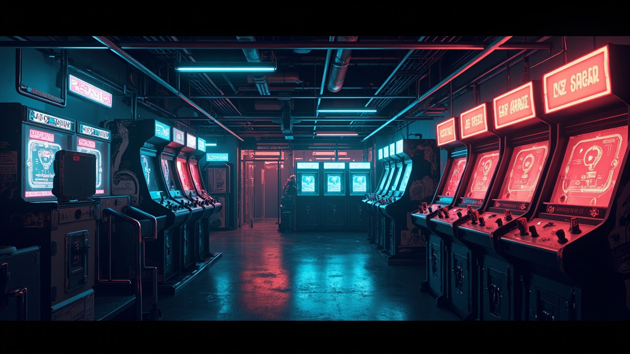 Illustration of a neon-lit retro arcade interior