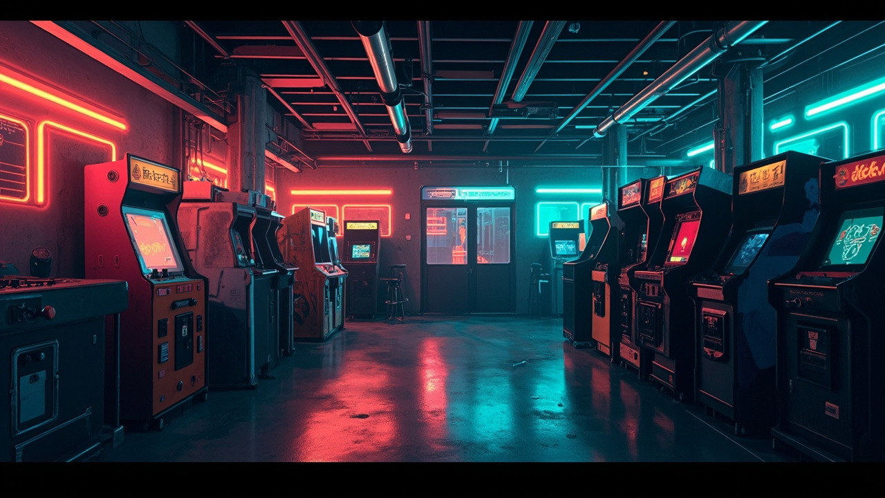 Illustration of a neon-lit retro arcade interior