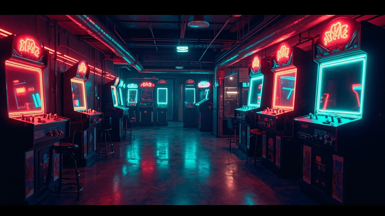 Illustration of a neon-lit retro arcade interior