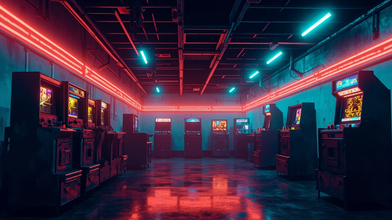 Illustration of a neon-lit retro arcade interior