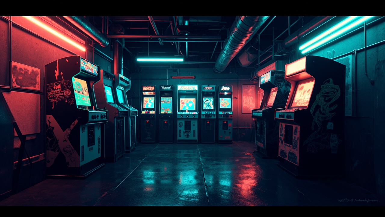 Illustration of a neon-lit retro arcade interior