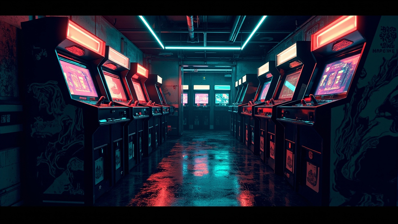 Illustration of a neon-lit retro arcade interior