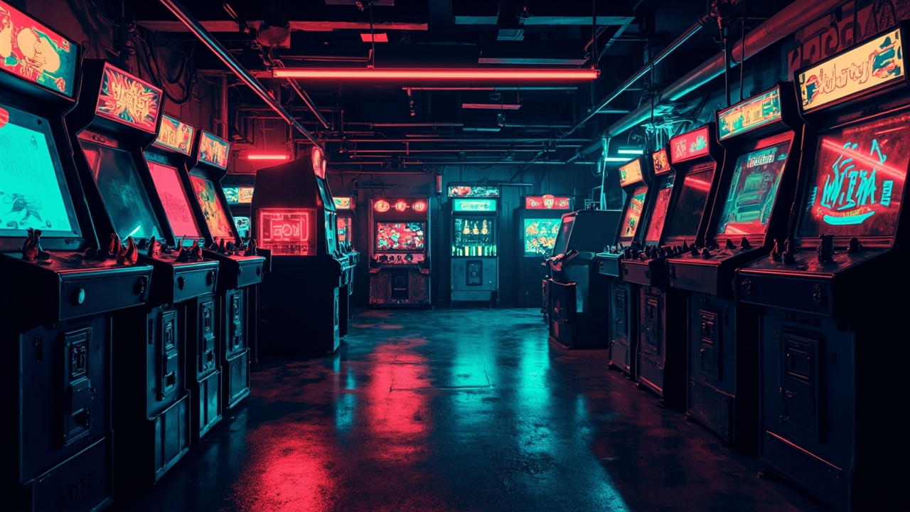Illustration of a neon-lit retro arcade interior