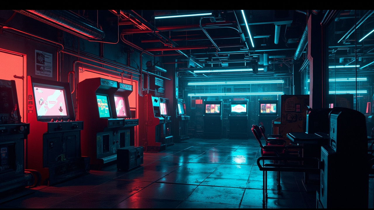 Illustration of a neon-lit retro arcade interior