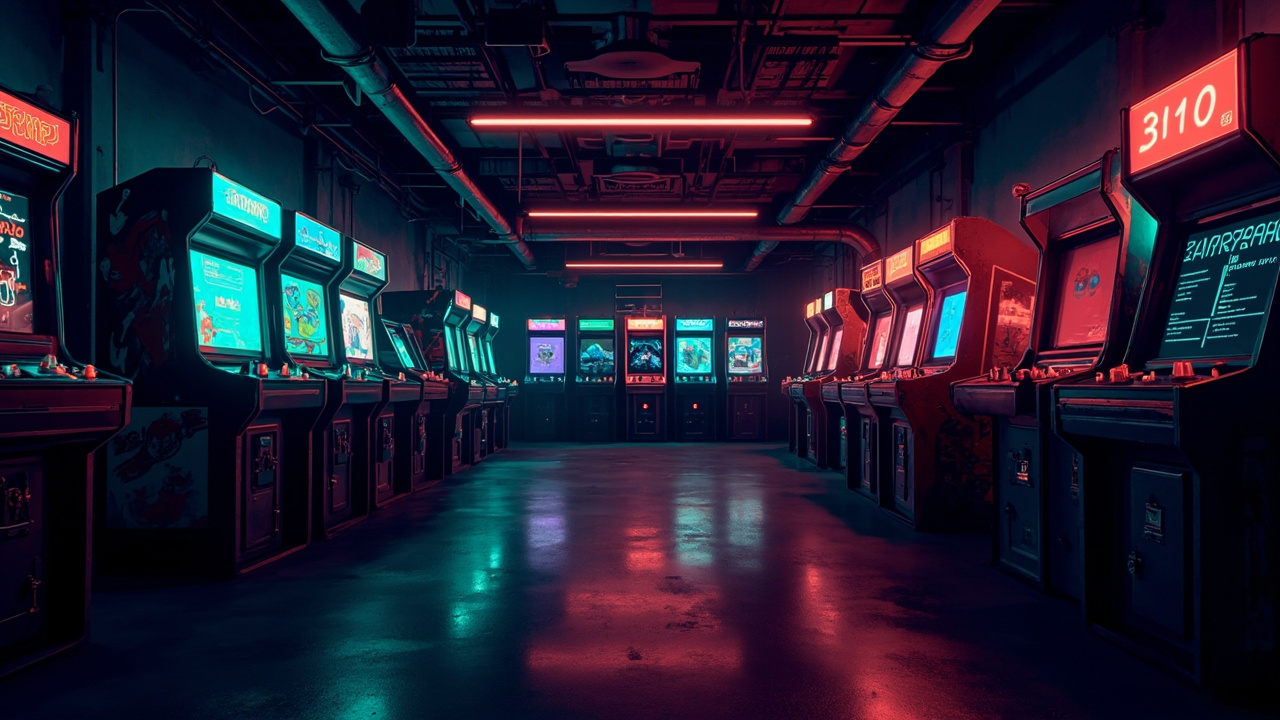 Illustration of a neon-lit retro arcade interior