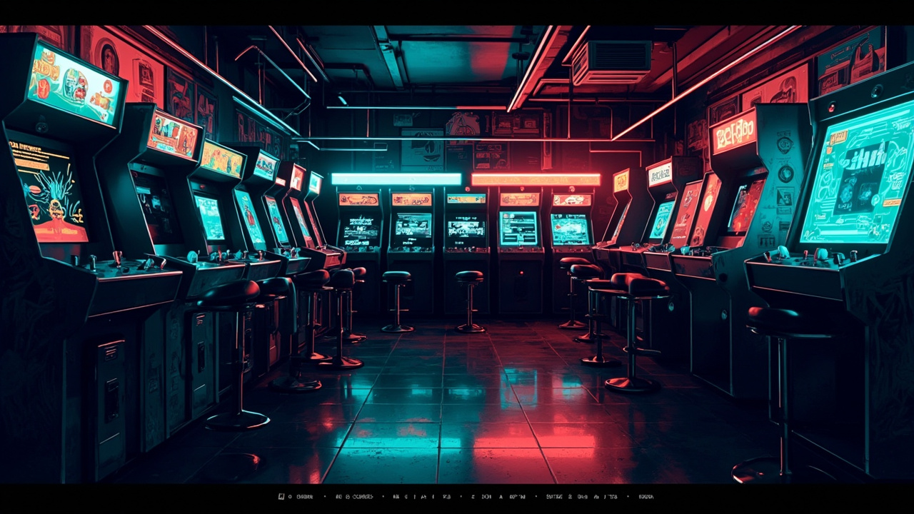 Illustration of a neon-lit retro arcade interior