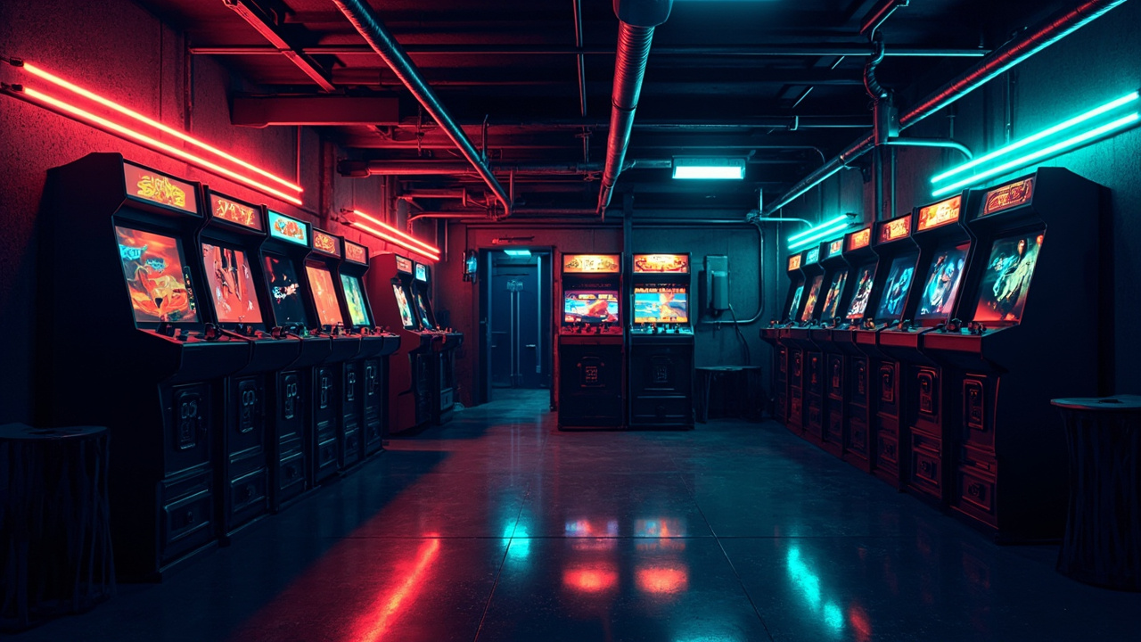 Illustration of a neon-lit retro arcade interior