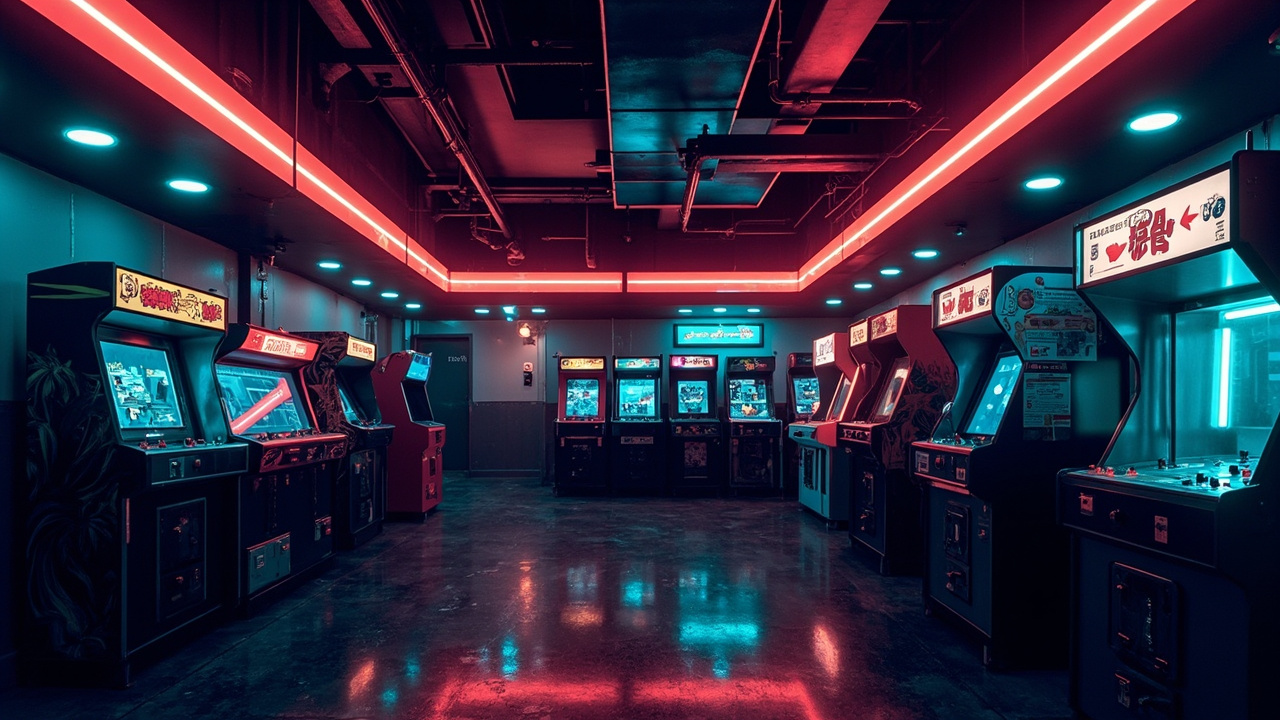 Illustration of a neon-lit retro arcade interior
