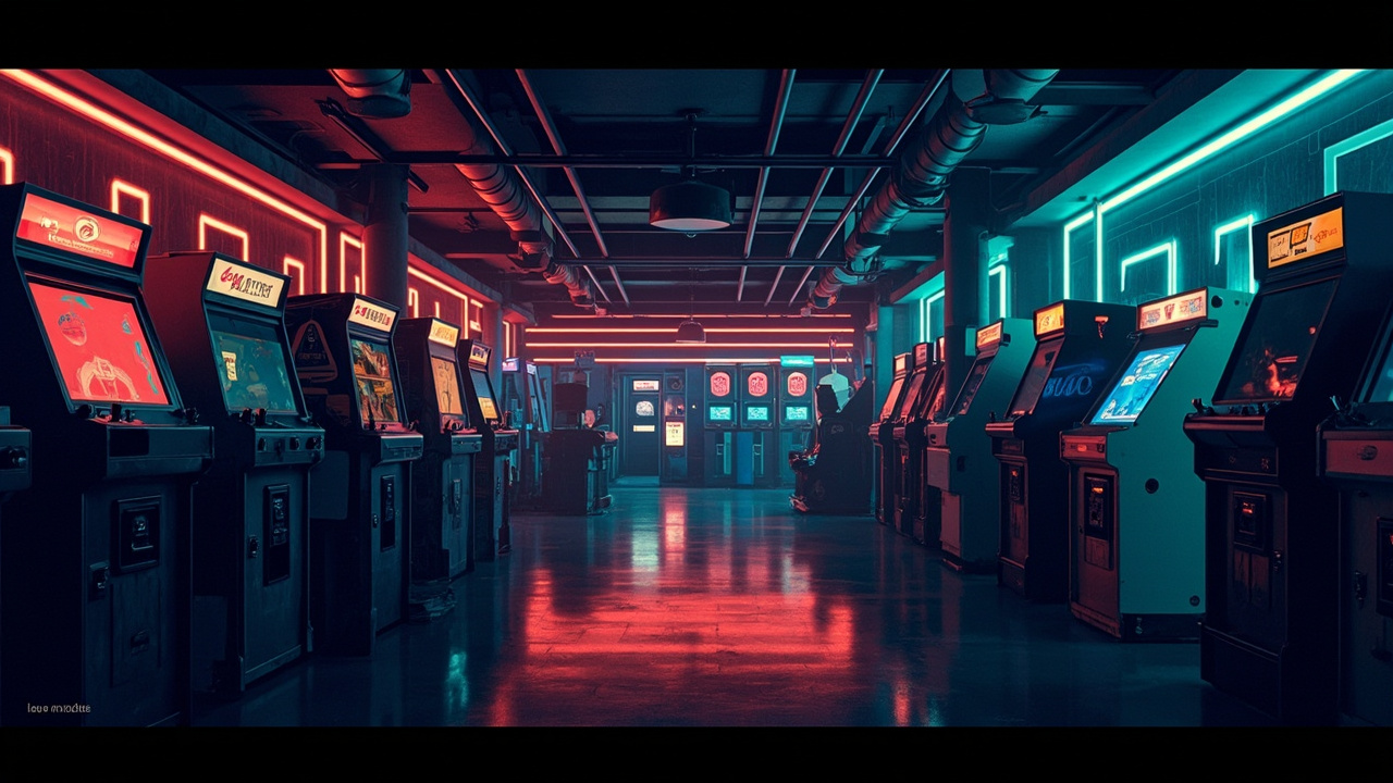 Illustration of a neon-lit retro arcade interior