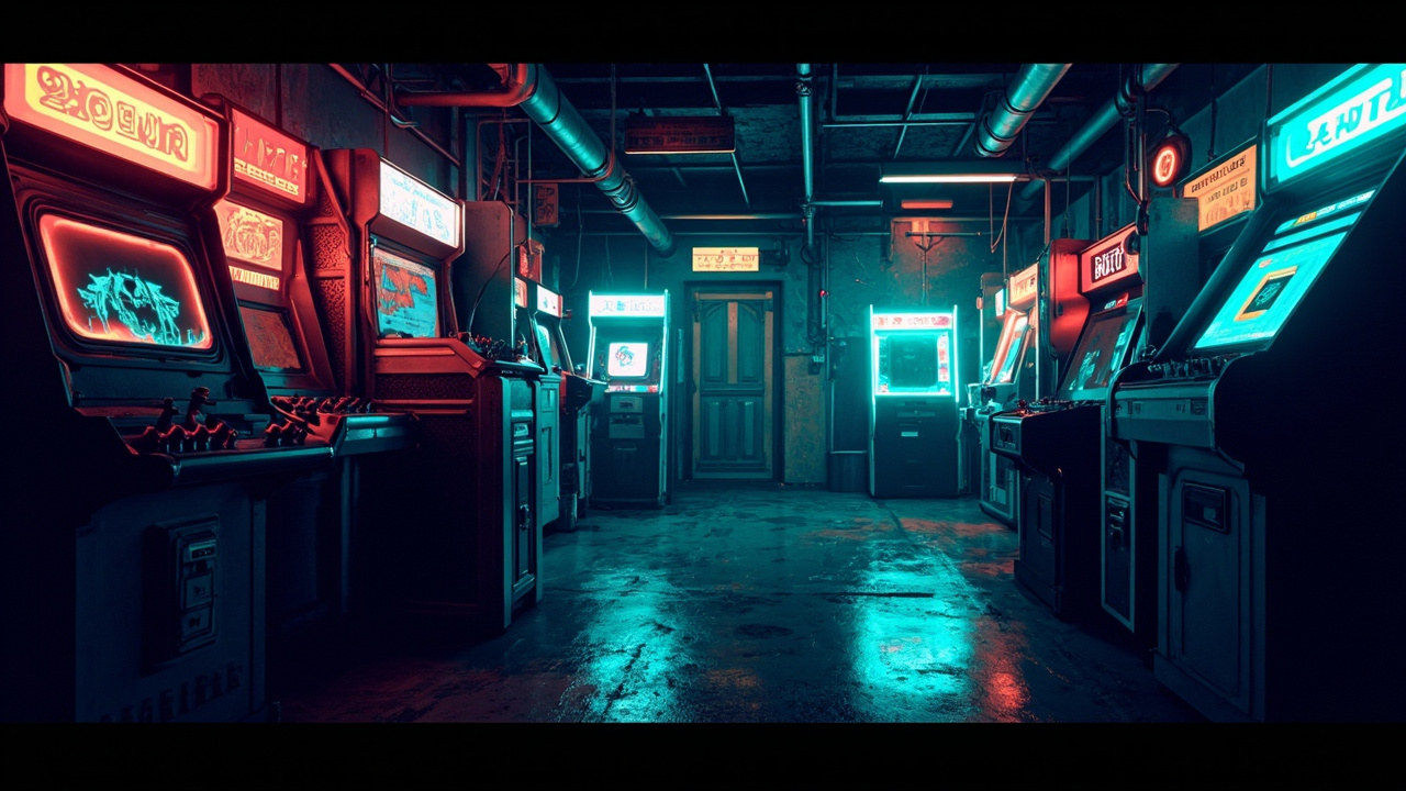 Illustration of a neon-lit retro arcade interior