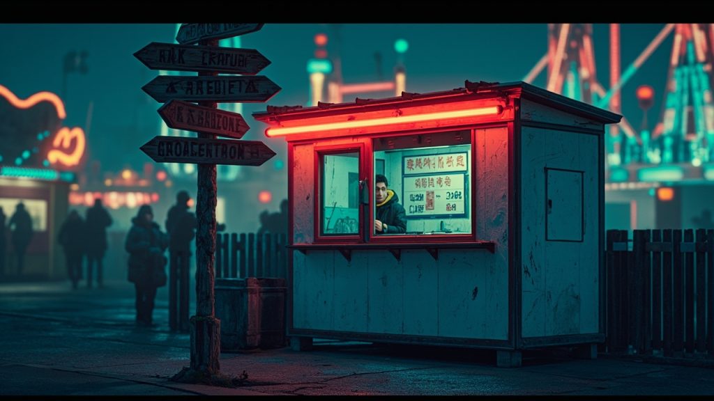 Illustration: A weathered white ticket booth with red trim and a small service window stands beside a multi-directional wooden signpost pointing to various carnival attractions, set against a blurred amusement park background.