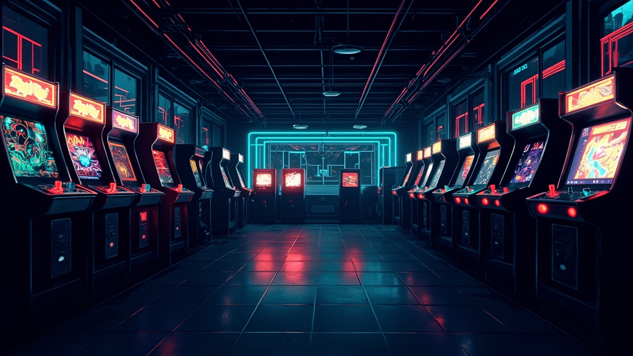 Illustration of a neon-lit retro arcade interior