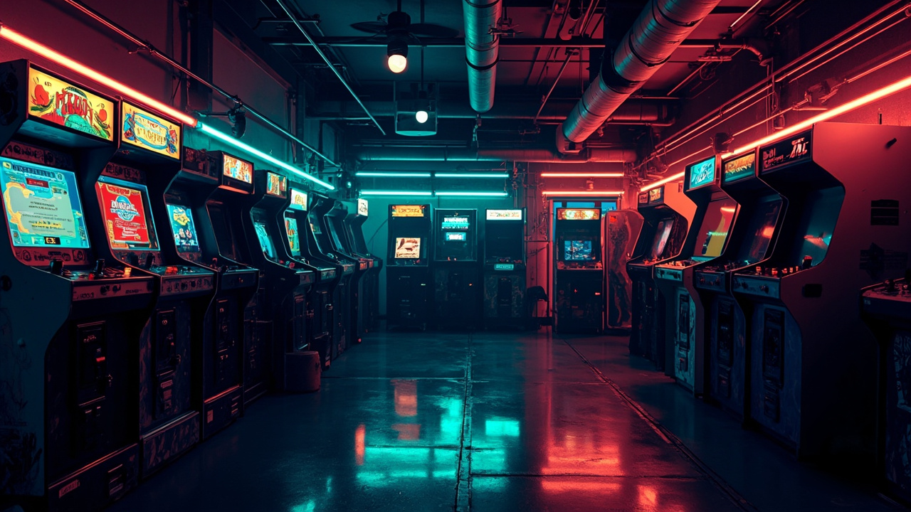 Illustration of a neon-lit retro arcade interior