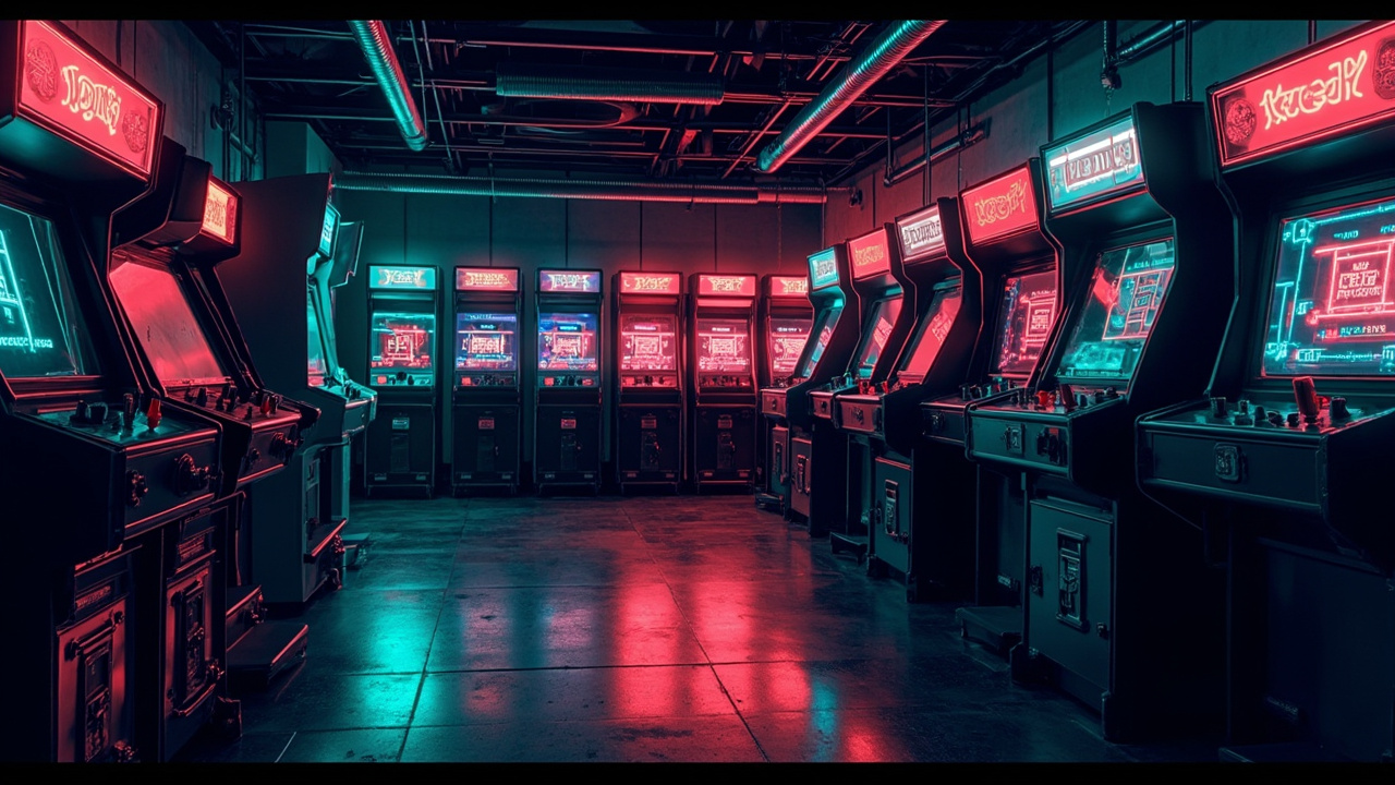 Illustration of a neon-lit retro arcade interior