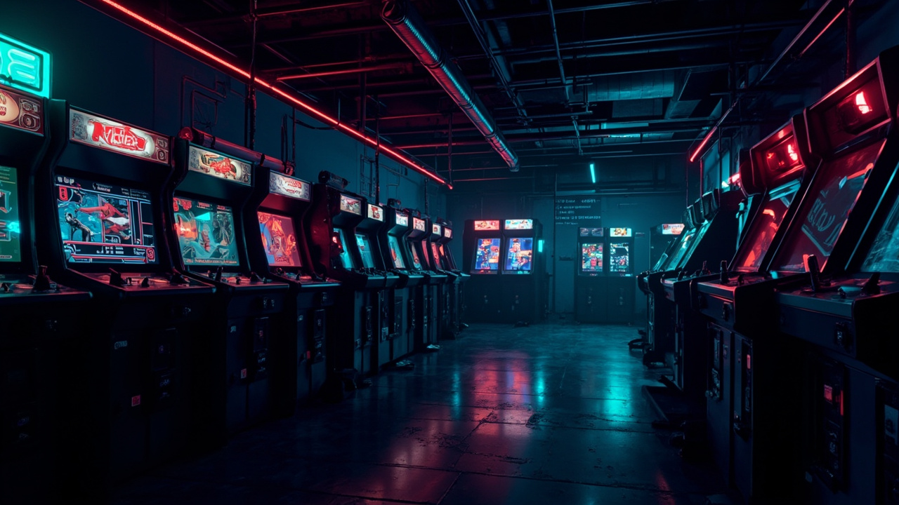 Illustration of a neon-lit retro arcade interior