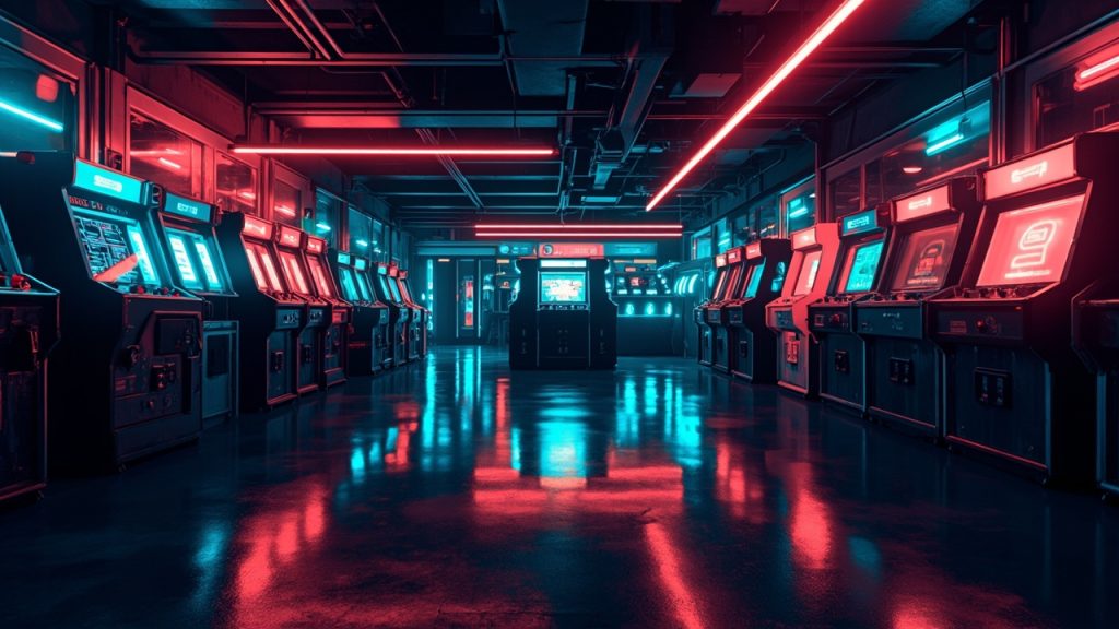 Illustration of a neon-lit retro arcade interior