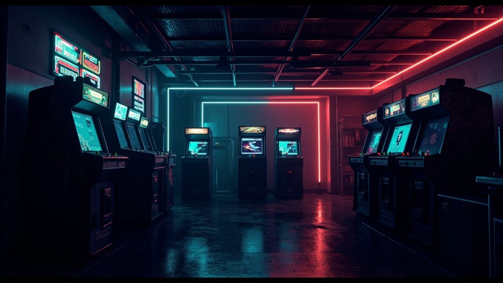 Illustration of a neon-lit retro arcade interior