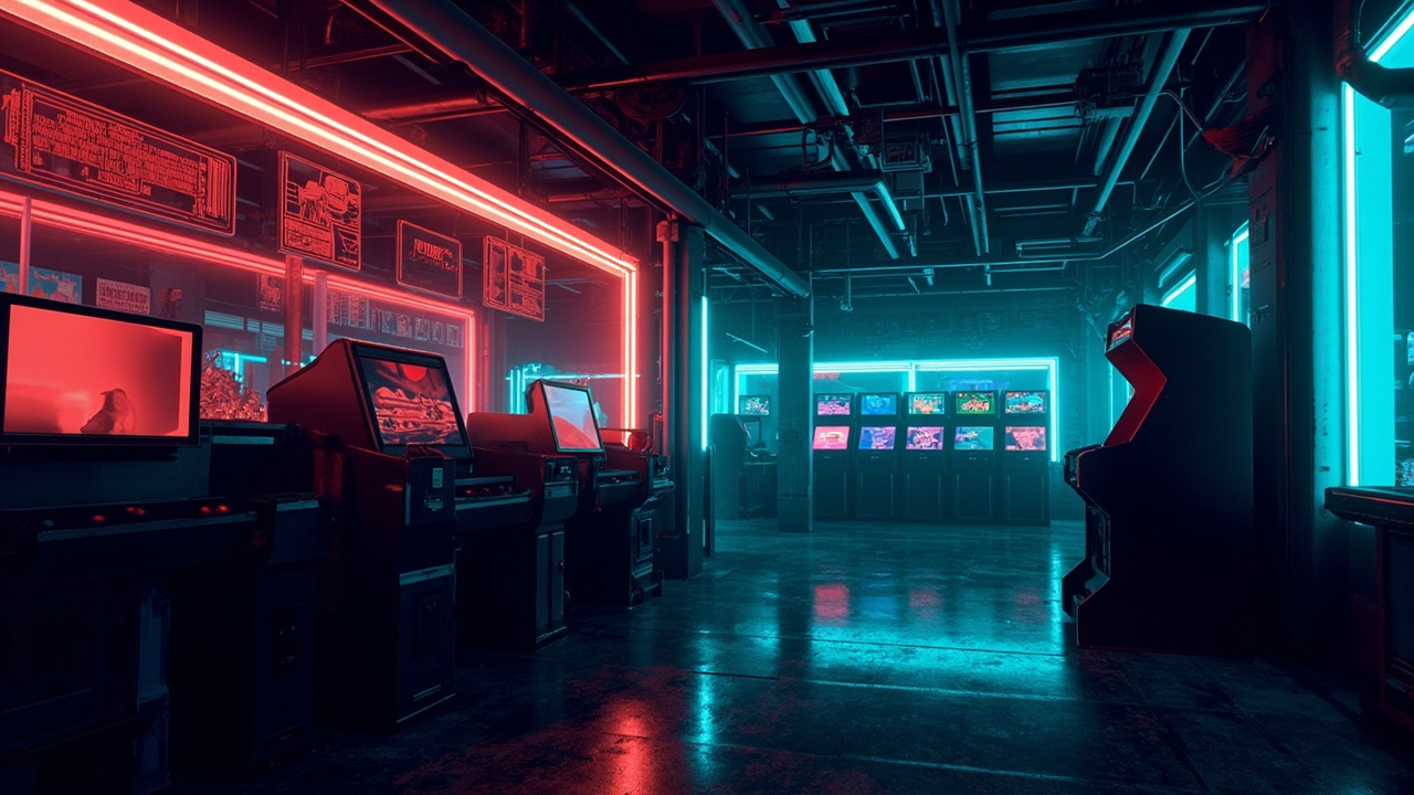 Illustration of a neon-lit retro arcade interior