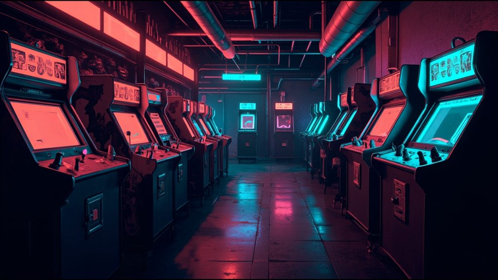 Illustration of a neon-lit retro arcade interior