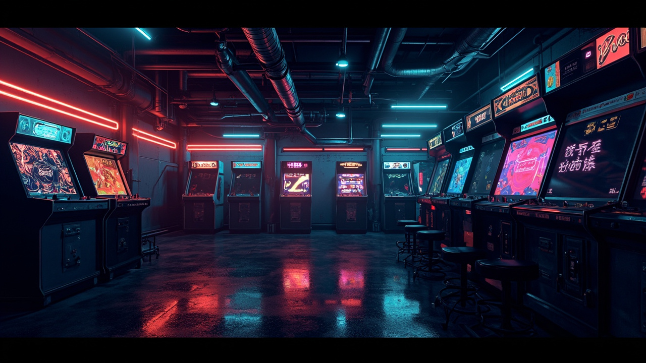 Illustration of a neon-lit retro arcade interior