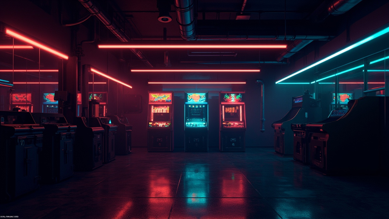 Illustration of a neon-lit retro arcade interior