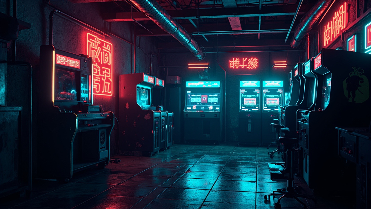 Illustration of a neon-lit retro arcade interior