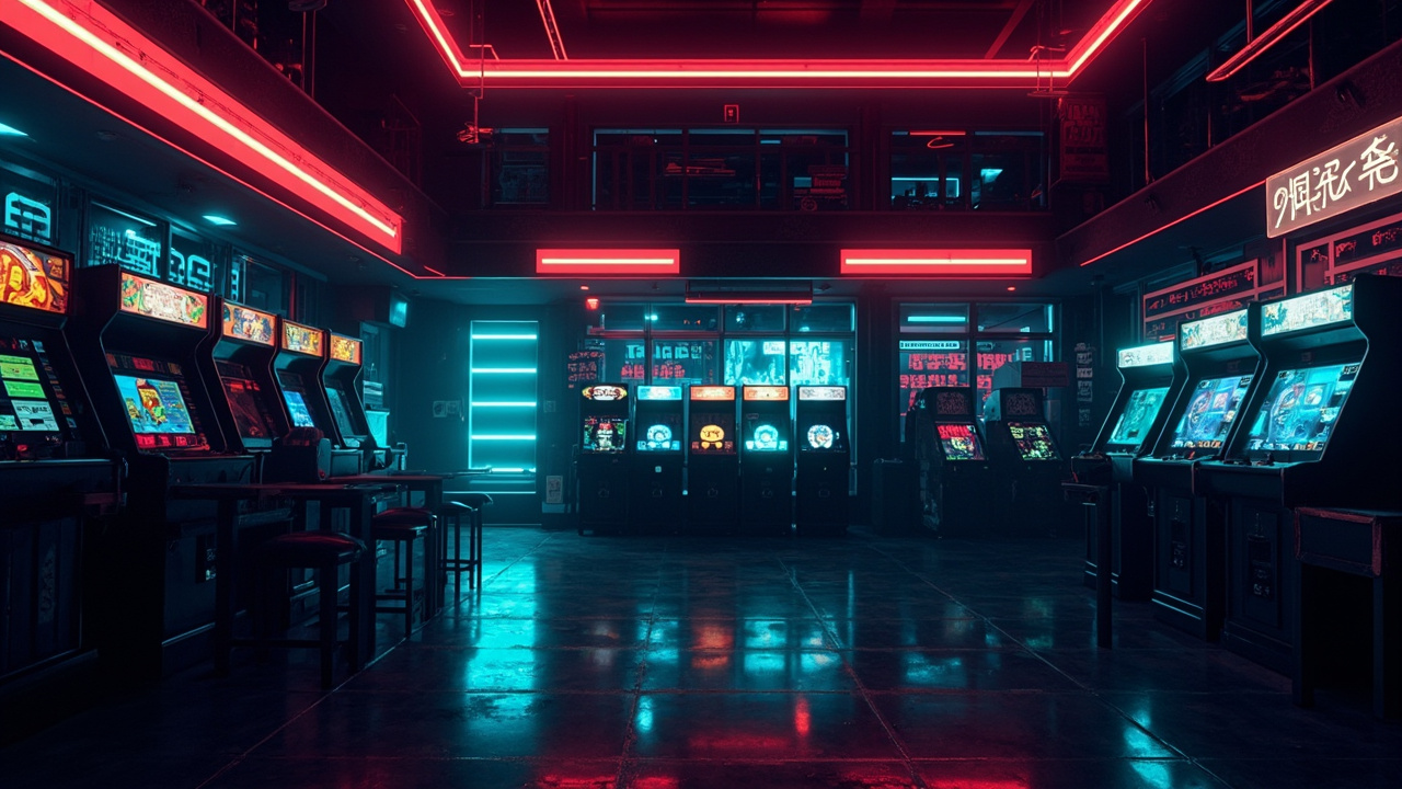 Illustration of a neon-lit retro arcade interior