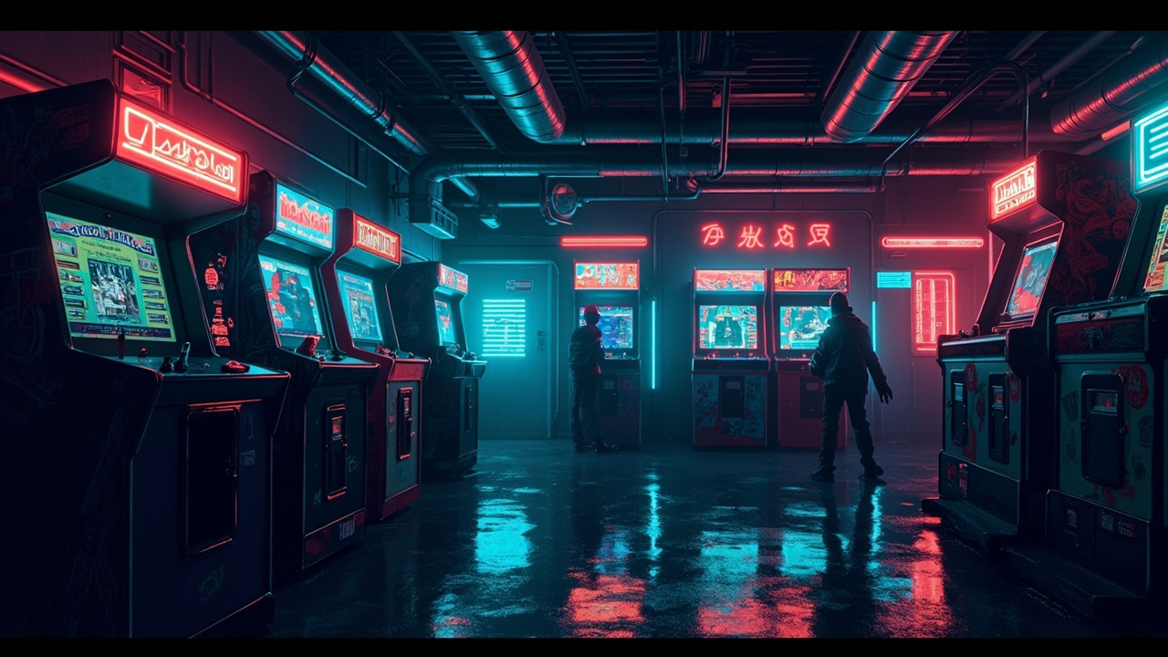 Illustration of a neon-lit retro arcade interior