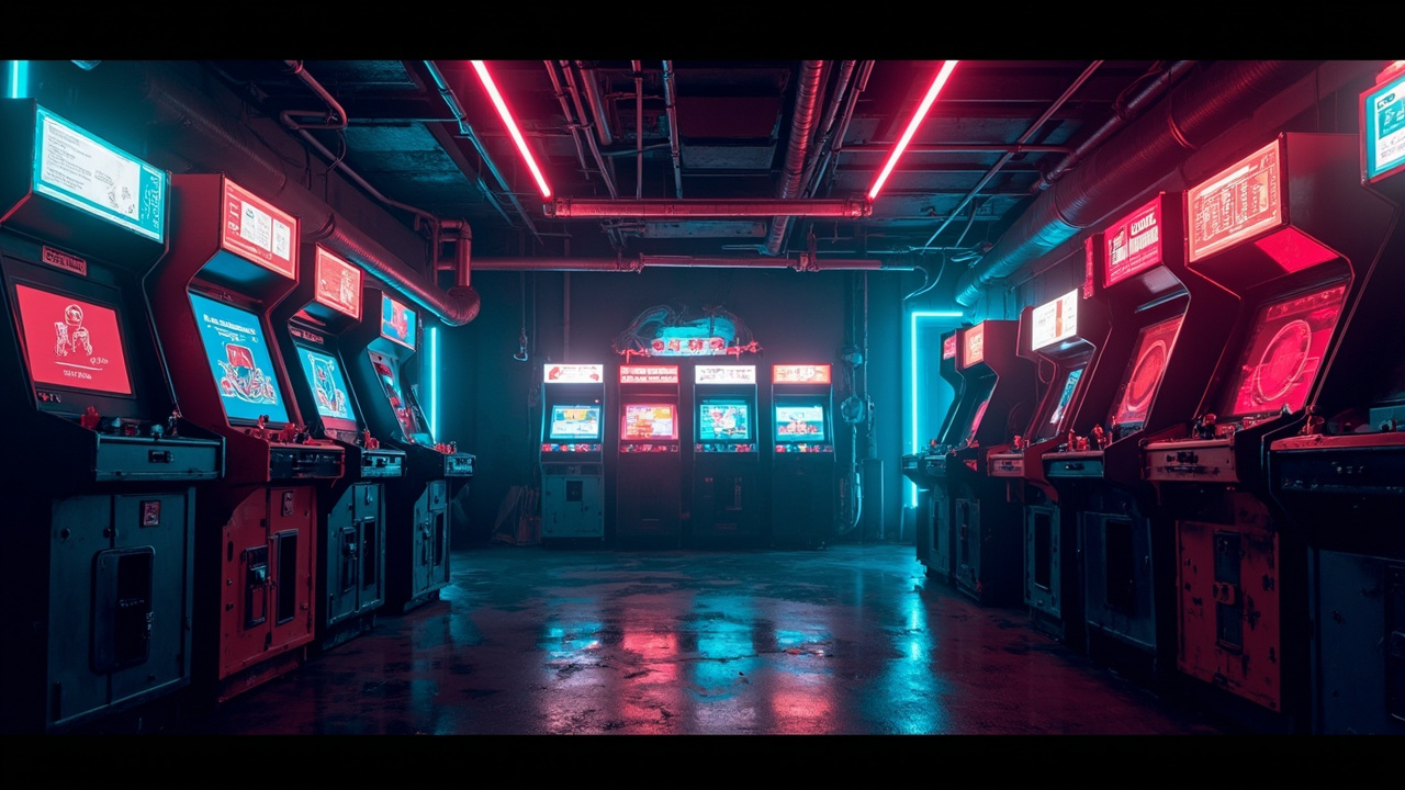 Illustration of a neon-lit retro arcade interior