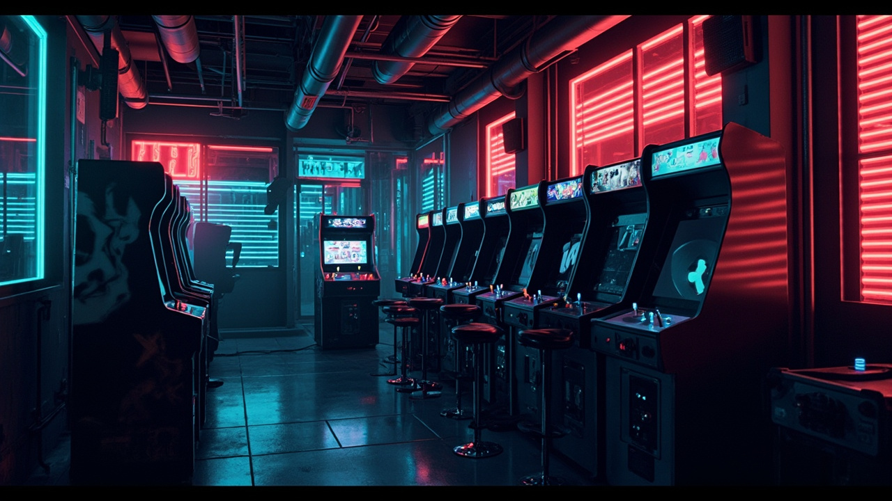 Illustration of a neon-lit retro arcade interior