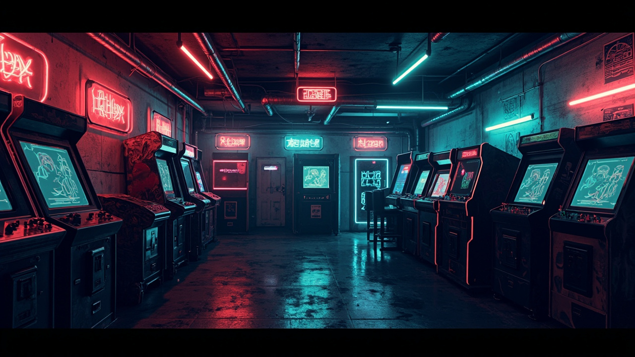 Illustration of a neon-lit retro arcade interior