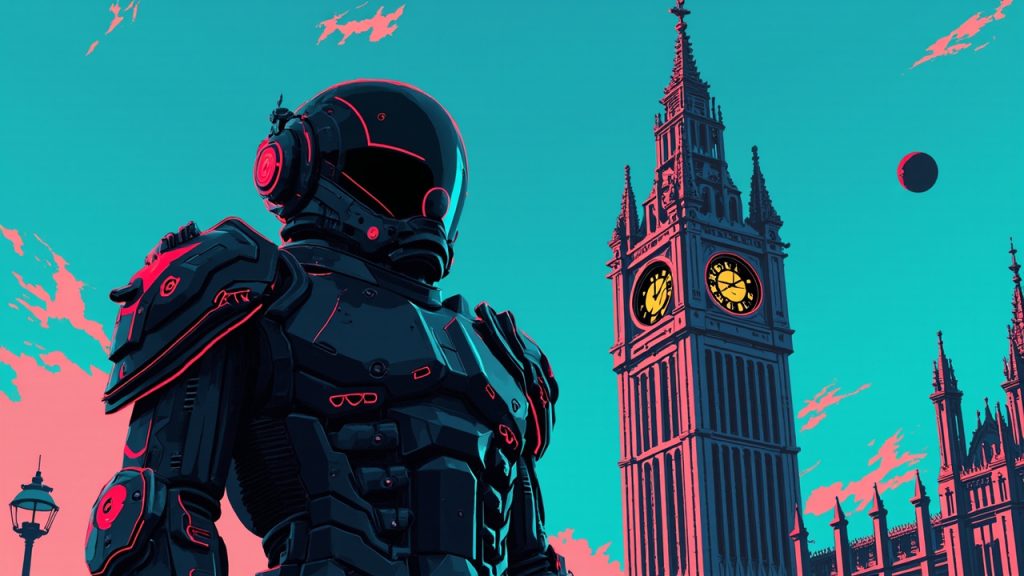 Illustration: A tall, metallic, cylindrical-helmeted mechanical suit with armored shoulder plates and a chest-mounted control panel stands before the Gothic spires of a historic stone parliament building under a clear blue sky.