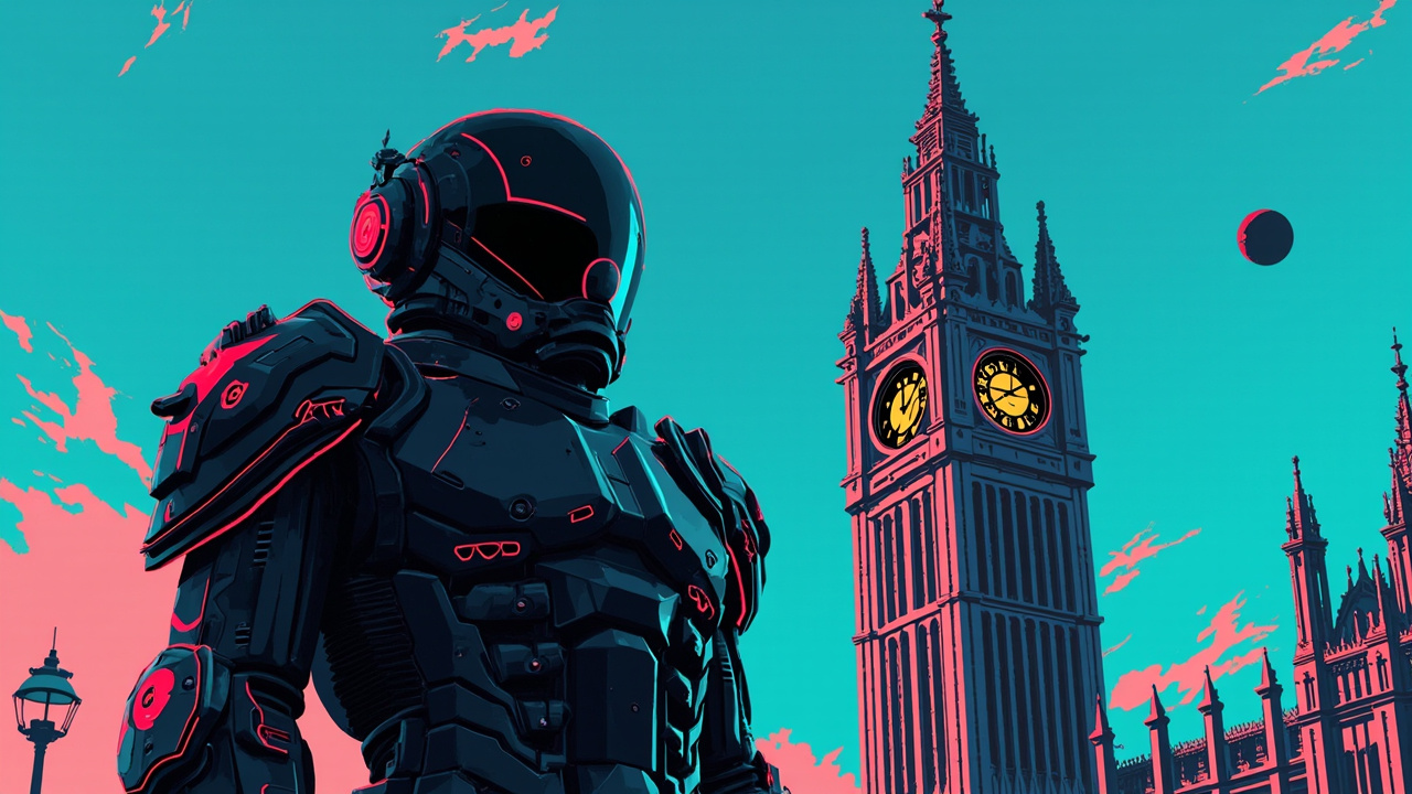 Illustration: A tall, metallic, cylindrical-helmeted mechanical suit with armored shoulder plates and a chest-mounted control panel stands before the Gothic spires of a historic stone parliament building under a clear blue sky.